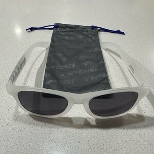 White Wayfarer-Style Sunglasses with Nissan Logo and Cleaning/Storage Bag.